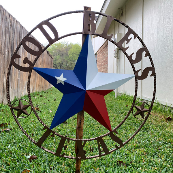 GOD BLESS TEXAS RED WHITE BLUE BARN METAL STAR BRONZE TWISTED ROPE RING WALL ART WESTERN HOME DECOR HANDMADE