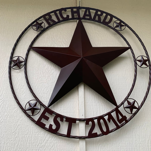 LOPEZ CUSTOM STAR NAME BARN METAL STAR 3d TWISTED ROPE RING WESTERN HOME DECOR RUSTIC  BRONZE HANDMADE 24",32",34",36",40",42",44",46",50"