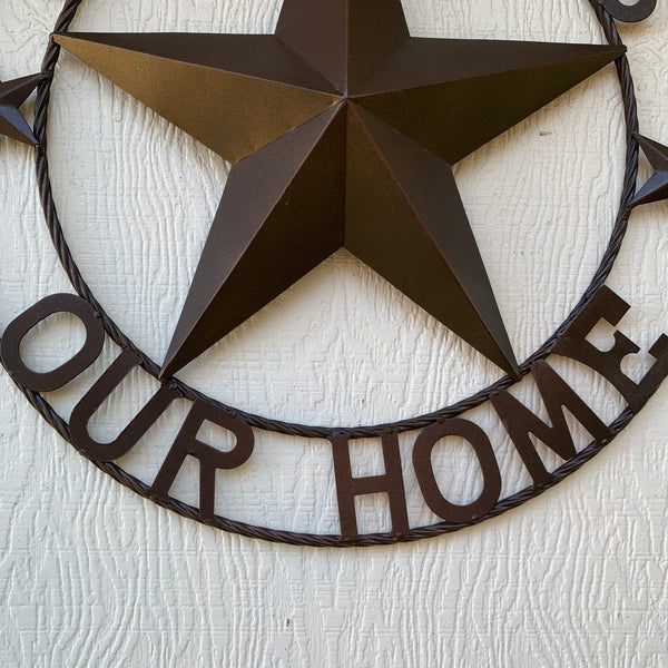 #EH11021 GOD BLESS OUR HOME BARN METAL STAR TWISTED ROPE RING WESTERN HOME DECOR HANDMADE NEW