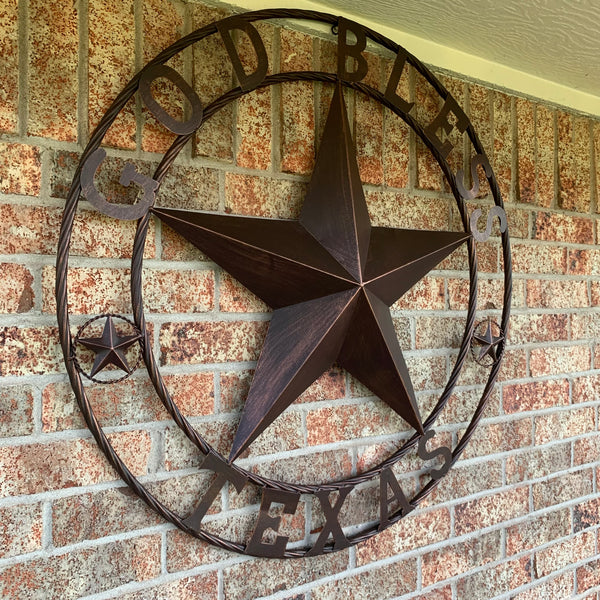 #EH10197 GOD BLESS TEXAS BARN STAR METAL LONESTAR TWISTED ROPE RING WESTERN HOME DECOR HANDMADE NEW