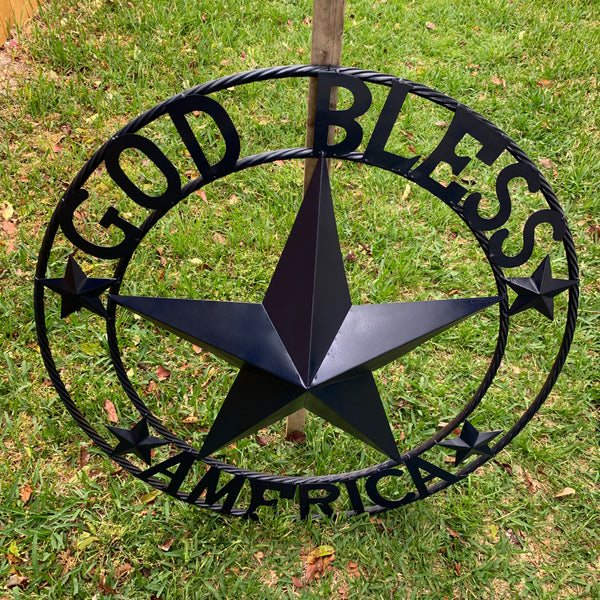 GOD BLESS AMERICA NAVY BLUE METAL BARN STAR RING ART WESTERN HOME DECOR NEW-#EH10131