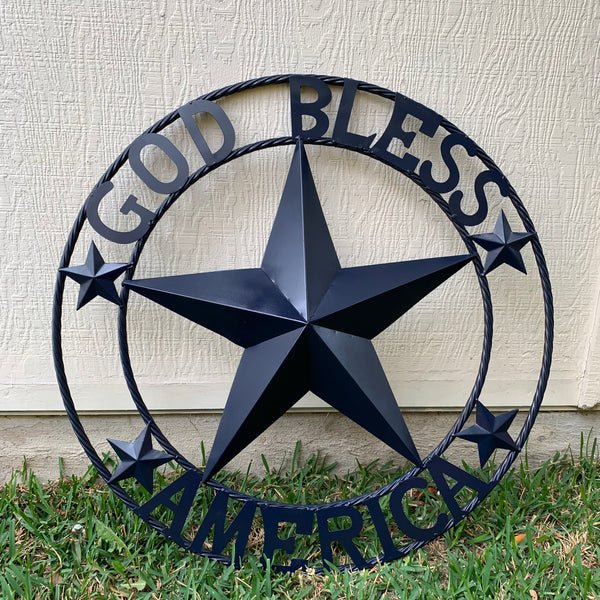 #EH10131 GOD BLESS AMERICA NAVY BLUE METAL BARN STAR RING ART WESTERN HOME DECOR NEW