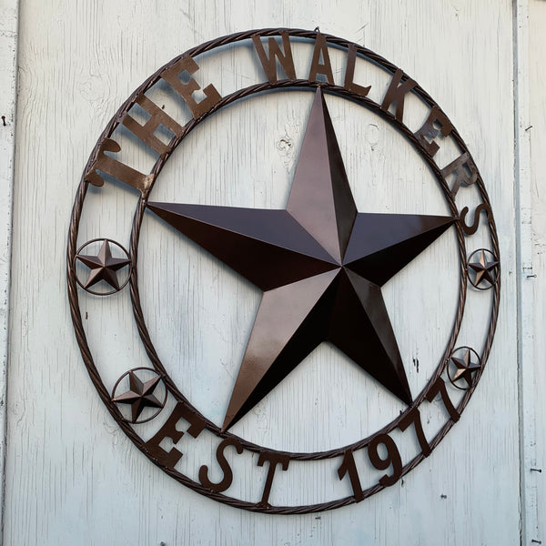 THE WALKERS STYLE YOUR CUSTOM FAMILY NAME STAR METAL BARN STAR ROPE RING WESTERN HOME DECOR VINTAGE RUSTIC BRONZE NEW HANDMADE 24",32",34",36",40",42",44",46",50"