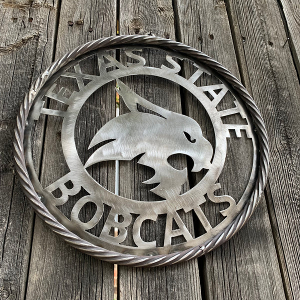 12" TEXAS STATE BOBCATS CUSTOM RAW METAL VINTAGE CRAFT SIGN TEAM ART HANDMADE IN TEXAS