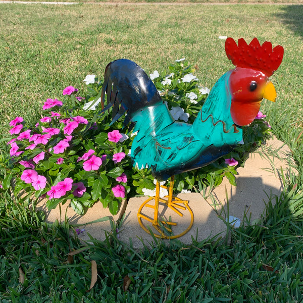 #34-041 RUSTIC TURQUOISE ROOSTER 20",30",40" CHICKEN GARDEN ANIMAL SCULPTURE METAL DECOR ORNAMENT HANDMADE