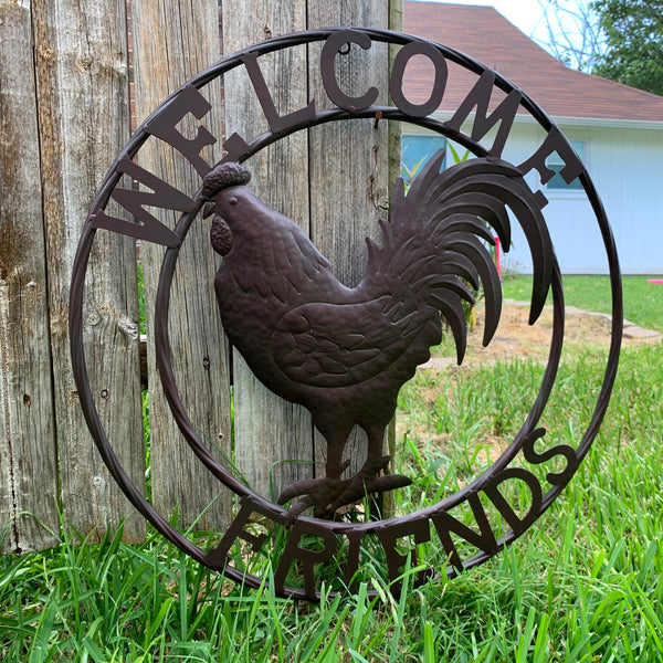 24" WELCOME FRIENDS ROOSTER WESTERN METAL ANIMAL ART HOME WALL ART RUSTIC BROWN COLOR