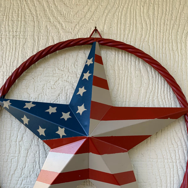 AMERICAN Flag USA Metal Barn Star RED , BEIGE, NAVY BLUE WITH RED Rope Ring Western Home Decor Handmade 12",16",24",30",34",36",40",48"