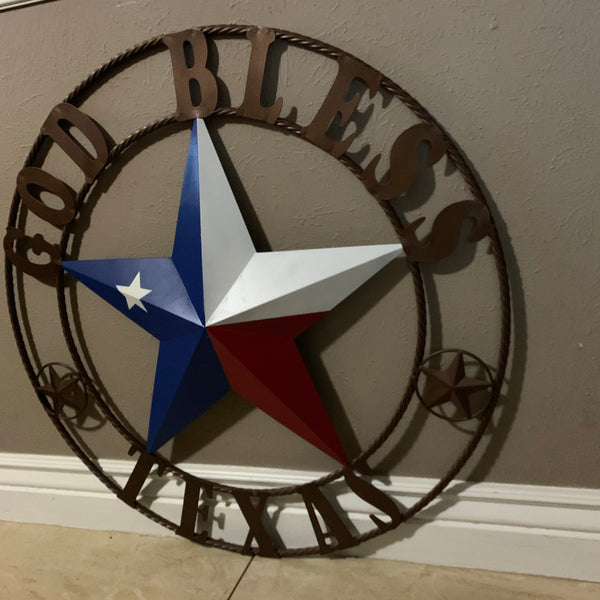 GOD BLESS TEXAS RED WHITE BLUE BARN METAL STAR BRONZE TWISTED ROPE RING WALL ART WESTERN HOME DECOR HANDMADE