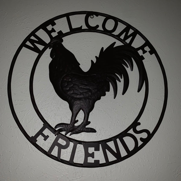 24" WELCOME FRIENDS ROOSTER WESTERN METAL ANIMAL ART HOME WALL ART RUSTIC BROWN COLOR