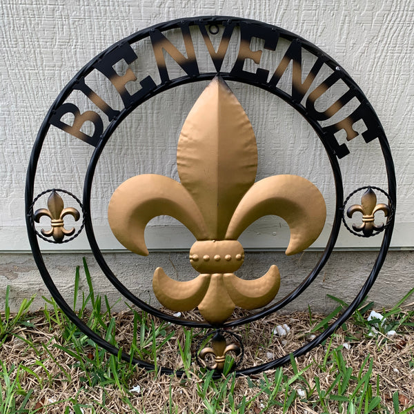 BIENVENUE FLEUR DE LIS METAL WALL ART WESTERN HOME DECOR RUSTIC GOLD & BLACK NEW--FREE SHIPPING