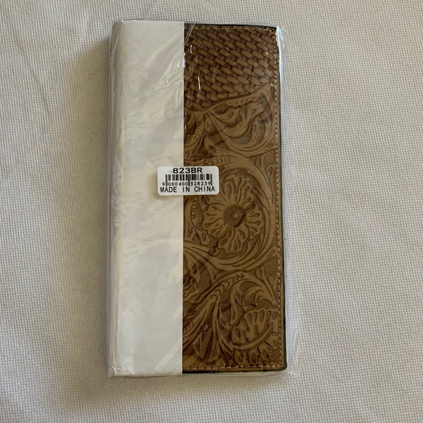 #WS823BR WESTERN CHECKBOOK BI FOLD WALLET or MEN'S WALLET GENUINE LEATHER LIGHT BROWN FRONT FLORAL EMBOSSED