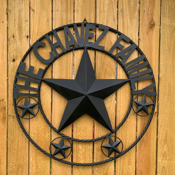 CHAVEZ STYLE CUSTOM FAMILY NAME STAR BLACK STEEL METAL BARN STAR ROPE RING WESTERN HOME DECOR VINTAGE NEW HANDMADE 24",32",34",36",40",42",44",46",50"