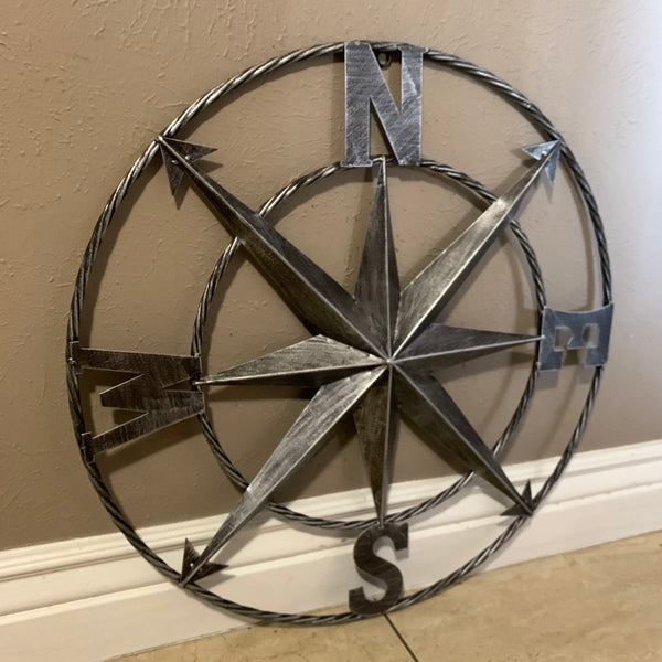 #SI_B8235 COMPASS 24" GREY METAL SIGN WESTERN HOME DECOR HANDMADE NEW
