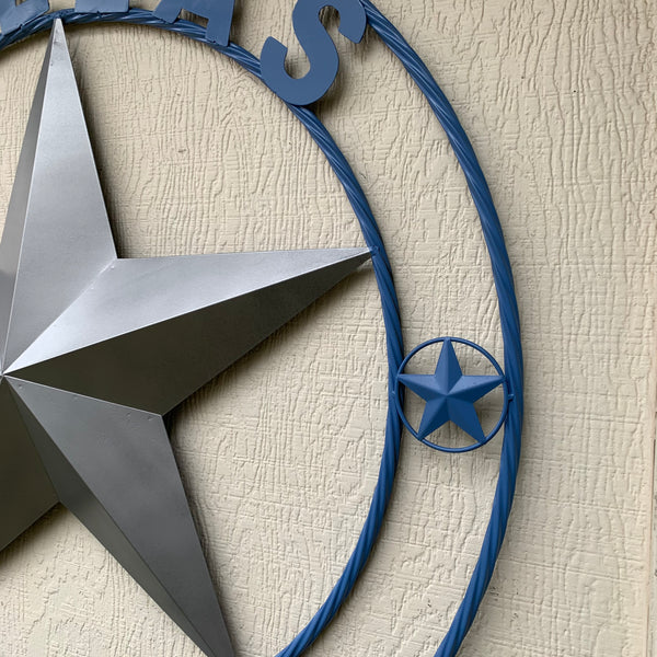 DALLAS COWBOYS SILVER & LIGHT BLUE BARN STAR CUSTOM VINTAGE METAL LONE STAR ART WESTERN HOME DECOR SIZE:24",32",36",40",42",44",46",50"