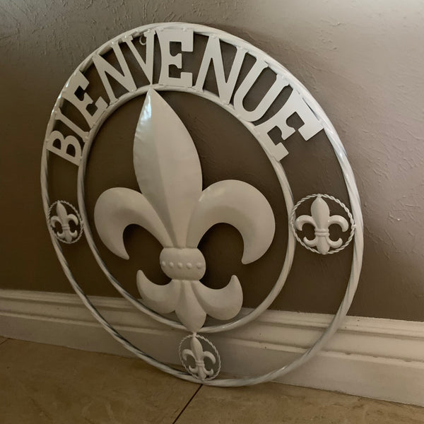 24", 32" GLOSS WHITE FLEUR DE LIS BIENVENUE METAL WALL ART WESTERN HOME DECOR