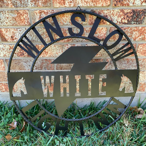 CUSTOM NAME LIGHTNIN HORSE SIGN RAW METAL BARN ROPE RING WESTERN HOME DECOR HANDMADE 24",32",36"