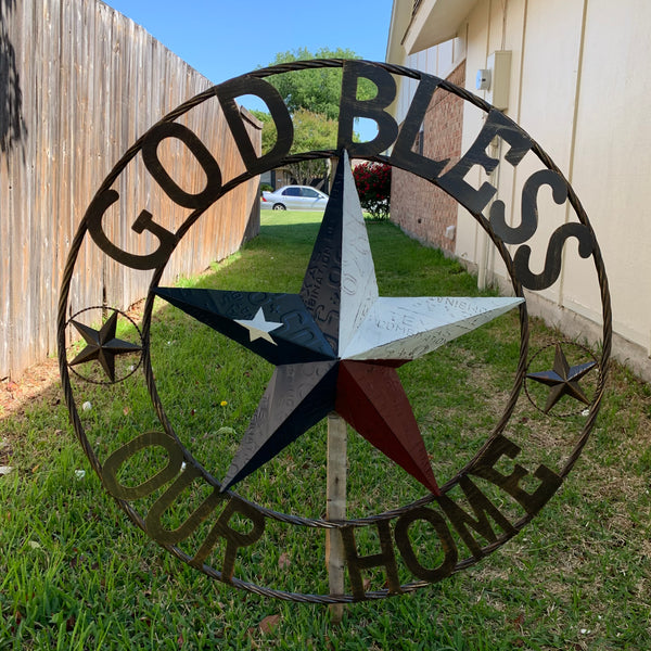 24", 32", 40" GOD BLESS OUR HOME LICENSE PLATE BARN METAL STAR ROPE RING WALL ART WESTERN HOME DECOR RED WHITE & BLUE