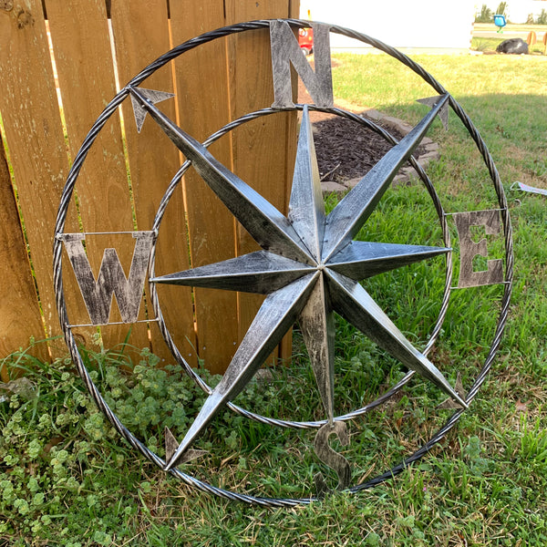 36" COMPASS GREY METAL ART WESTERN METAL ART HOME WALL DECOR RUSTIC GREY