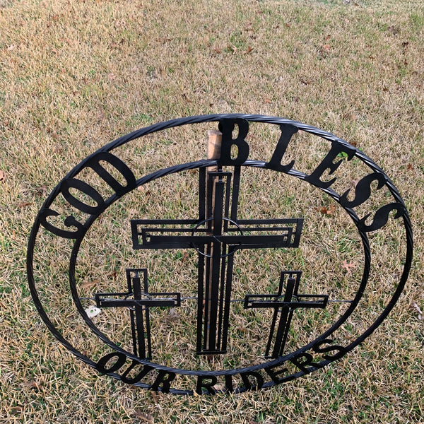 40"GOD BLESS OUR RIDERS CRUCIFIX BLACK CROSS METAL WALL ART HANDMADE