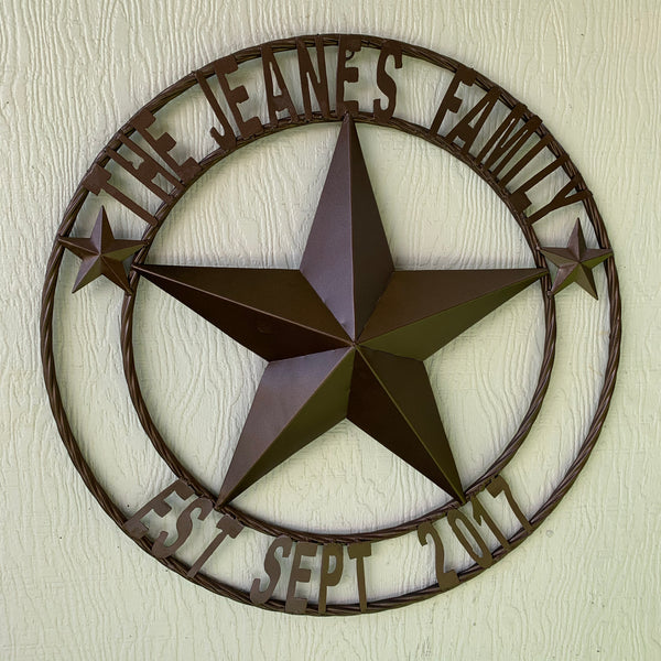 KOLET FAMILY STYLE YOUR CUSTOM FAMILY NAME STAR METAL BARN STAR ROPE RING KOLET FAMILY WESTERN HOME DECOR VINTAGE RUSTIC BROWN NEW HANDMADE 24",32",34",36",40",42",44",46",50"