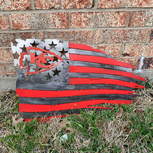 KANSAS CITY CHIEFS METAL TATTERED FLAG CUSTOM VINTAGE CRAFT WALL ART HANDMADE