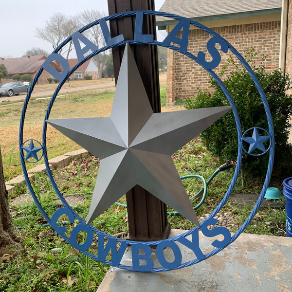 DALLAS COWBOYS SILVER & LIGHT BLUE BARN STAR CUSTOM VINTAGE METAL LONE STAR ART WESTERN HOME DECOR SIZE:24",32",36",40",42",44",46",50"