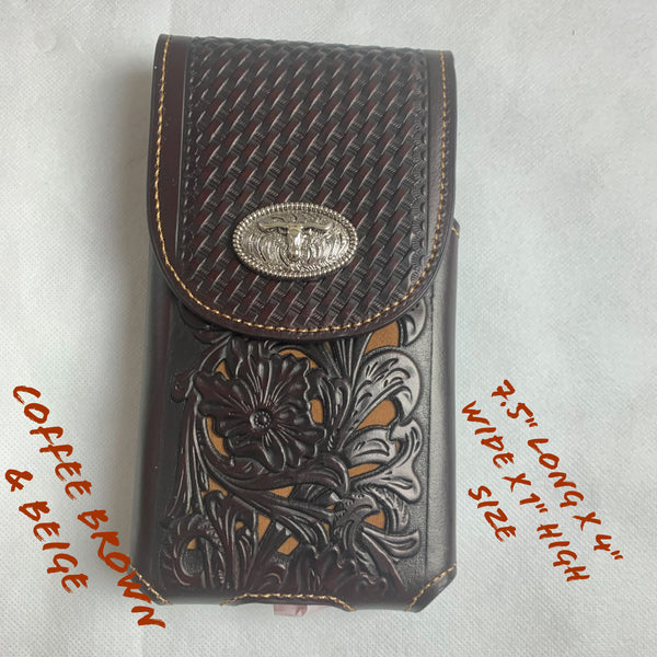 #LG2002 7.5" LONGHORN COFFEE BROWN & BEIGE  LEATHER POUCH EXTRA LARGE  BELT LOOP HOLSTER CELL PHONE CASE UNIVERSAL OVERSIZE