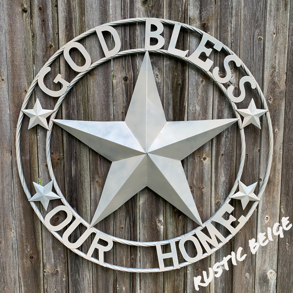 36" GOD BLESS OUR HOME RUSTIC BEIGE BARN METAL STAR ROPE RING WALL ART WESTERN HOME DECOR--FREE SHIPPING