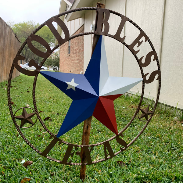 GOD BLESS TEXAS RED WHITE BLUE BARN METAL STAR BRONZE TWISTED ROPE RING WALL ART WESTERN HOME DECOR HANDMADE