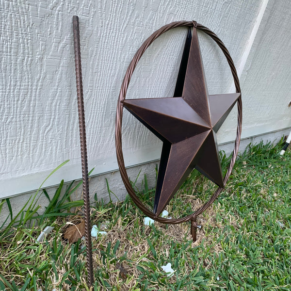 12",16",24" DOUBLE STAR ON STAKE METAL BRONZE COPPER BARN STAR WITH TWISTED ROPE RING CRAFT WESTERN HOME DECOR RUSTIC DECOR