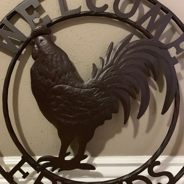 24" WELCOME FRIENDS ROOSTER WESTERN METAL ANIMAL ART HOME WALL ART RUSTIC BROWN COLOR