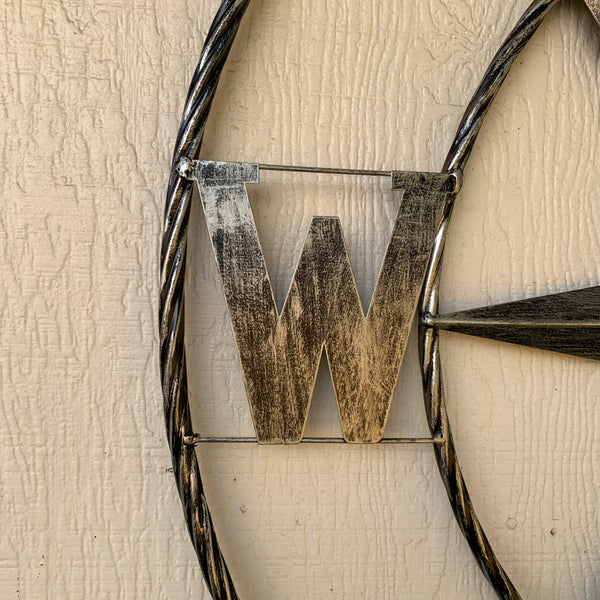 36" COMPASS GREY METAL ART WESTERN METAL ART HOME WALL DECOR RUSTIC GREY #EH10383