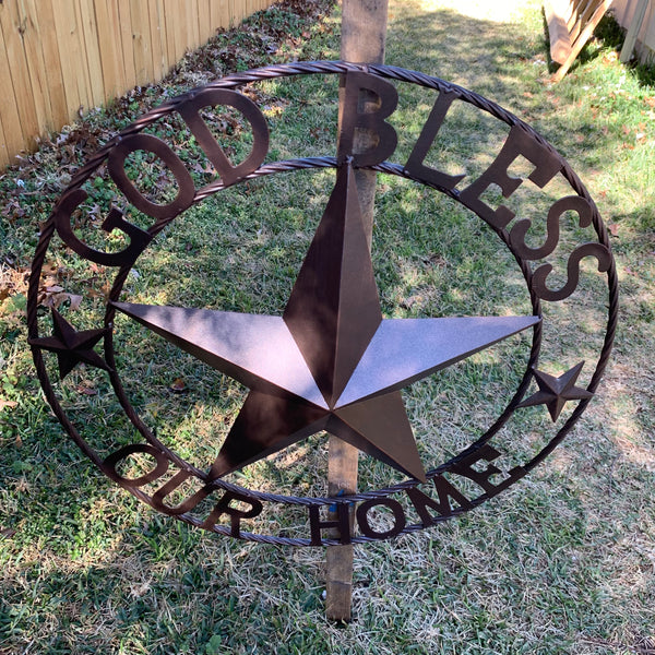 #EH11021 GOD BLESS OUR HOME BARN METAL STAR TWISTED ROPE RING WESTERN HOME DECOR HANDMADE NEW