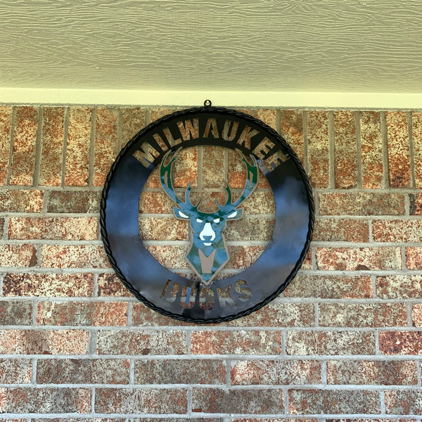 24" MILWAUKEE BUCKS WIDE BAND DISC STYLE METAL CUSTOM VINTAGE CRAFT TEAM SPORTS SIGN HANDMADE