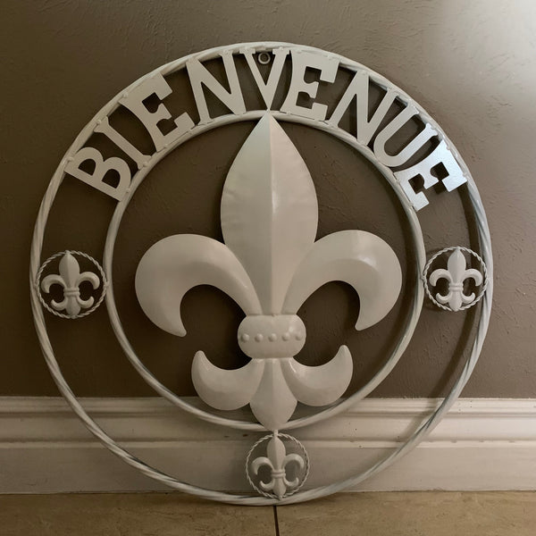 24", 32" GLOSS WHITE FLEUR DE LIS BIENVENUE METAL WALL ART WESTERN HOME DECOR