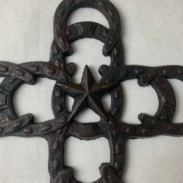 Si56369 HORSESHOES Western Cross Cast Iron Texas Star Rustic Dark Brown Wall Home Decor 10 ½ x 8 ½ inches #56369