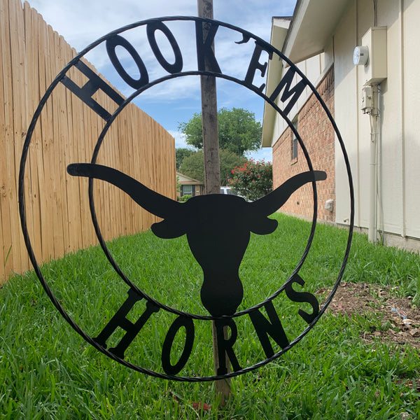 HOOKEM HORNS GLOSSY BLACK TEXAS LONGHORNS HOOK EM METAL CUSTOM VINTAGE CRAFT WALL ART TEAM SIGN HANDMADE