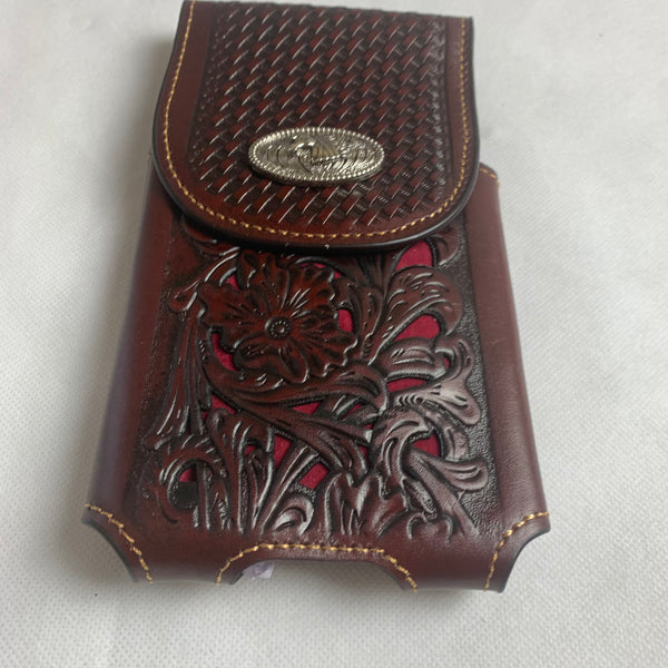 #LG2004  7.5" HORSE COFFEE BROWN & RED LEATHER POUCH EXTRA LARGE  BELT LOOP HOLSTER CELL PHONE CASE UNIVERSAL OVERSIZE