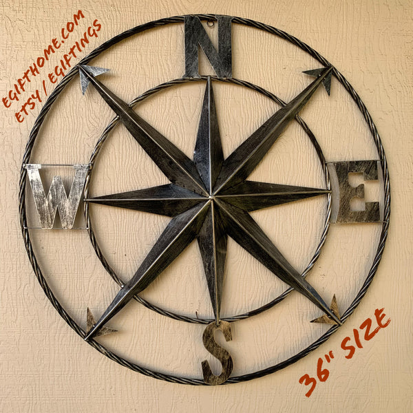 36" COMPASS GREY METAL ART WESTERN METAL ART HOME WALL DECOR RUSTIC GREY