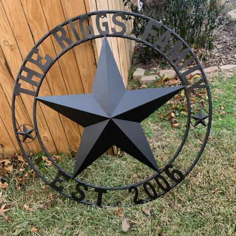 RIGGS FAMILY STYLE YOUR CUSTOM FAMILY NAME STAR METAL BARN STAR ROPE RING WESTERN HOME DECOR VINTAGE RUSTIC BLACK NEW HANDMADE 24",32",34",36",40",42",44",46",50"