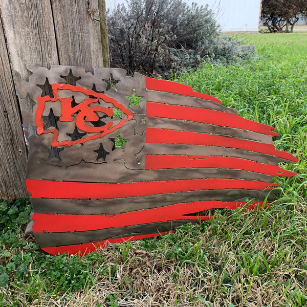 KANSAS CITY CHIEFS METAL TATTERED FLAG CUSTOM VINTAGE CRAFT WALL ART HANDMADE