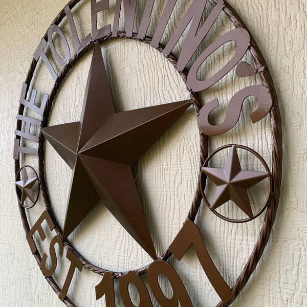 TOLENTINOS STYLE YOUR CUSTOM FAMILY NAME STAR METAL BARN STAR ROPE RING WESTERN HOME DECOR VINTAGE RUSTIC BROWN NEW HANDMADE 24",32",36",40",50"