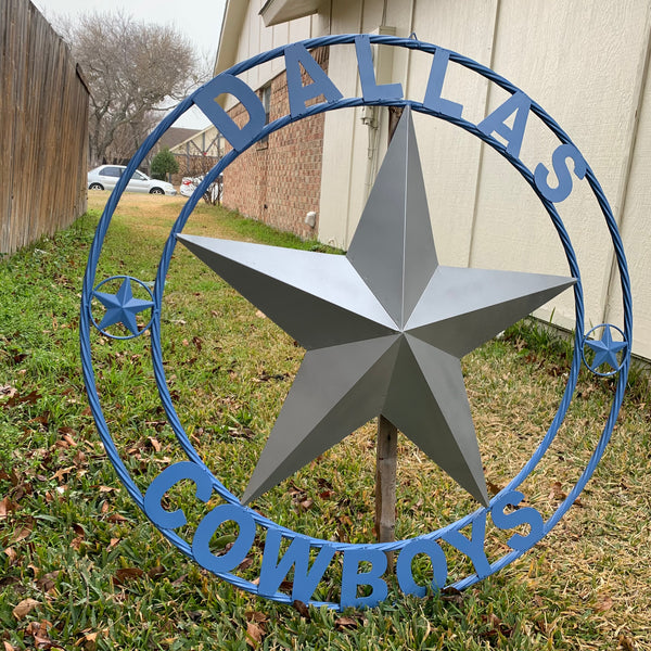 DALLAS COWBOYS SILVER & LIGHT BLUE BARN STAR CUSTOM VINTAGE METAL LONE STAR ART WESTERN HOME DECOR SIZE:24",32",36",40",42",44",46",50"