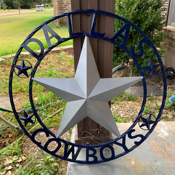 DALLAS COWBOYS SILVER & NAVY BLUE BARN STAR CUSTOM METAL VINTAGE LONE STAR WESTERN HOME DECOR HANDMADE 24",32",36",40",42",44",46",48",50"