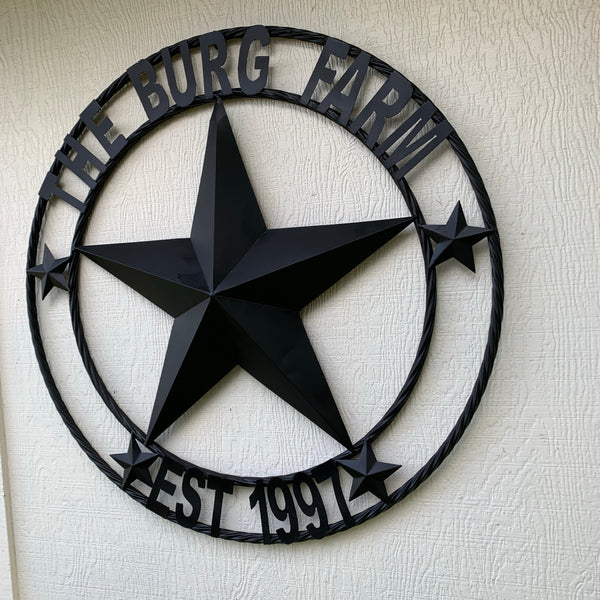 CREEKSIDE FARM STYLE YOUR CUSTOM NAME BARN BLACK STAR 3d WITH TWISTED ROPE RING DESIGN METAL WALL ART WESTERN HOME DECOR NEW HANDMADE, 24", 32", 36", 40", 44", 46", 50"