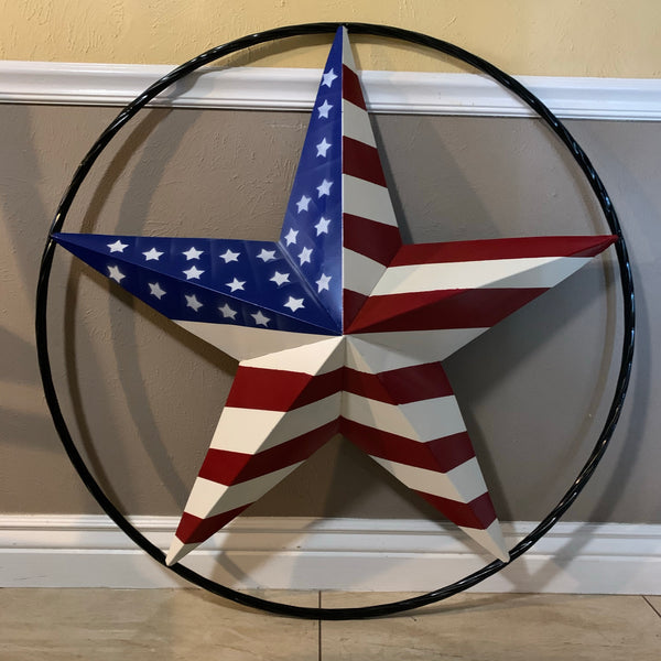 AMERICAN Flag USA Metal Barn Star RED WHITE & BLUE with Black Rope Ring Western Home Decor Handmade 12",16",24",30",34",36",40",48"