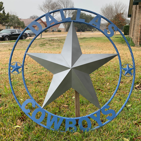 DALLAS COWBOYS SILVER & LIGHT BLUE BARN STAR CUSTOM VINTAGE METAL LONE STAR ART WESTERN HOME DECOR SIZE:24",32",36",40",42",44",46",50"