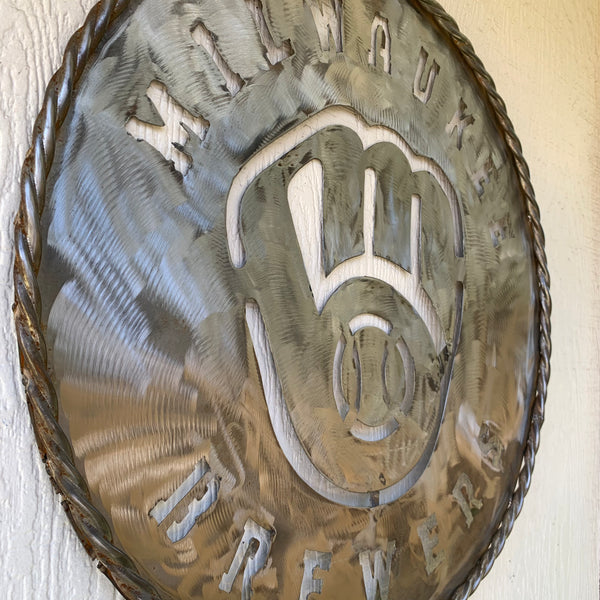 24" MILWAUKEE BREWERS RAW METAL WIDE BAND DISC STYLE CUSTOM METAL VINTAGE CRAFT TEAM SIGN HANDMADE