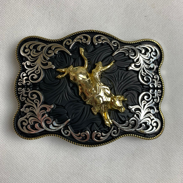 4.5" X 3.5" RODEO BELT BUCKLE BLACK SILVER & GOLD WESTERN BUCKLE FASHION ART NEW #EH12269