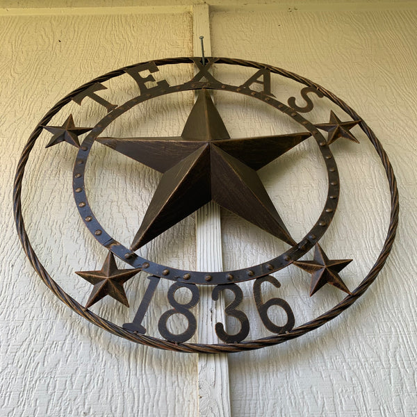 #EH11334 TEXAS 1836 BEADED COLIBROX BARN METAL STAR TWIST RING WESTERN HOME DECOR RUSTIC BRONZE NEW